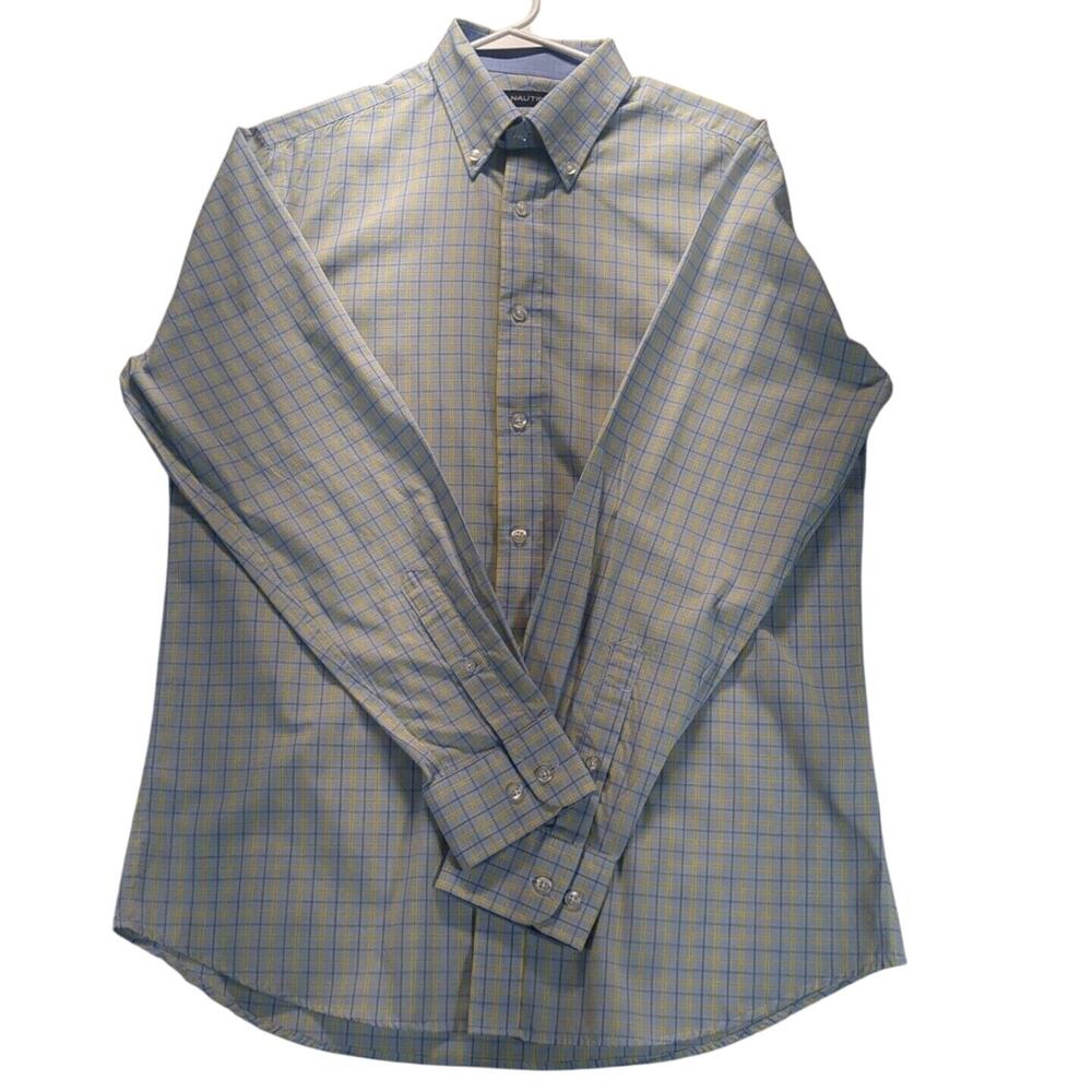 Nautica Blue/Yellow Check Mens Med 15.5 34/35 Long Sleeve Casual Button Up Shirt